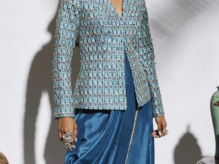 TURQUOISE BLUE DRAPE SKIRT WITH ATTACHED DRAPE PAIRED WITH EMBELLISHED STRUCTURE JACKET Discount