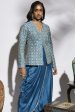 TURQUOISE BLUE DRAPE SKIRT WITH ATTACHED DRAPE PAIRED WITH EMBELLISHED STRUCTURE JACKET Discount