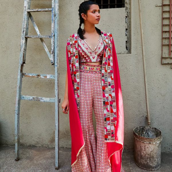 TEXTURED CROP TOP TEAMED WITH IVORY GEOMETRIC PRINT BOX PLEAT PANTS WITH EMBELLISHED CAPE For Cheap