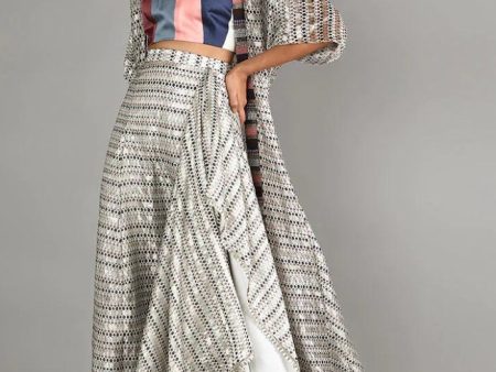 WHITE JAALI PRINT CHANDERI DRAPE SKIRT AND CAPE PAIRED WITH STRIPE PRINT BUSTIER Online