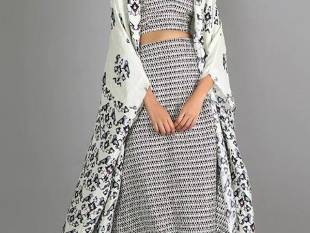 WHITE JAALI PRINT BUSTIER AND DRAPE SKIRT PAIRED WITH WHITE HALF BIRD PRINT AND HALF GEOMETRIC DAMASK PRINT CAPE on Sale