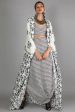 WHITE JAALI PRINT BUSTIER AND DRAPE SKIRT PAIRED WITH WHITE HALF BIRD PRINT AND HALF GEOMETRIC DAMASK PRINT CAPE on Sale