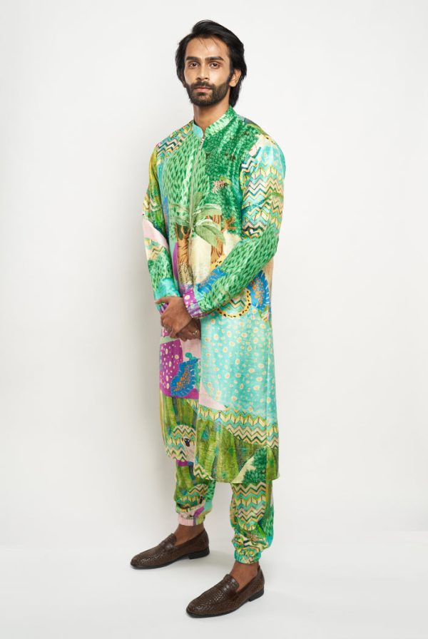 ALAN KUNO PRINT DUPION SILK BOMBER KURTA WITH JOGGER PANTS on Sale