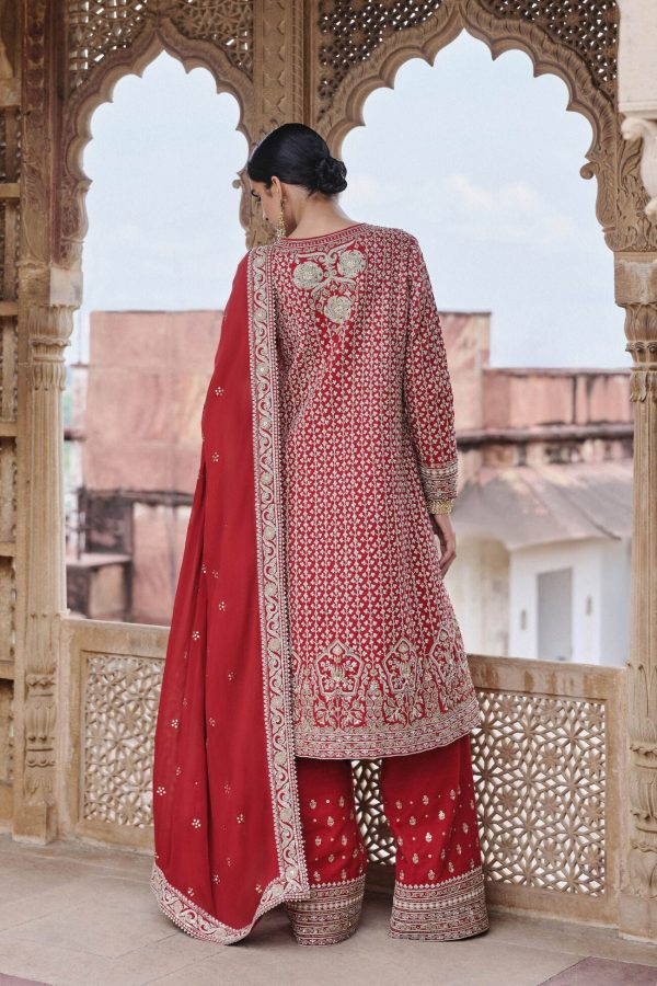 Mehkash Embroidered Cord Silk Suit Set - Red Fashion