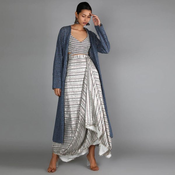 WHITE JAALI PRINT CHANDERI DRAPE SKIRT WITH PRINTED BUSTIER PAIRED WITH DENIM LASER CUT JACKET Sale