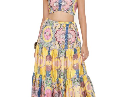 ALICE YELLOW ENCHANTED PRINT DUPION SILK EMBROIDERED BUSTIER AND SKIRT Discount