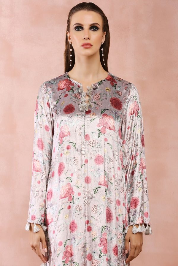 GREY GULBAGH PRINT VELVET KAFTAN WITH BELT Online Hot Sale