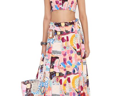 TRANCE PRINT DENIM TOP AND SKIRT WITH A TIE-UP Hot on Sale