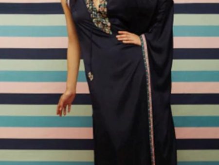 KAFTAN- PERSIAN BLUE SATIN KAFTAN WITH EMBELLISHED NECKLINE on Sale