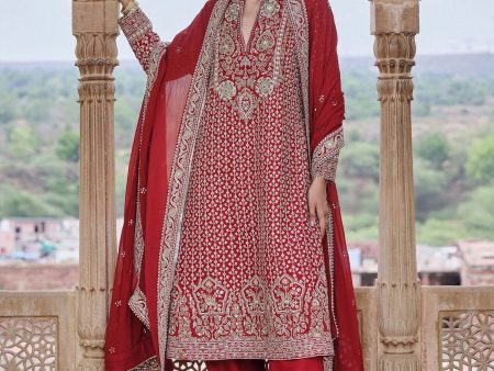 Mehkash Embroidered Cord Silk Suit Set - Red Fashion