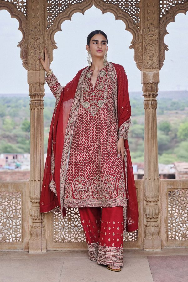 Mehkash Embroidered Cord Silk Suit Set - Red Fashion