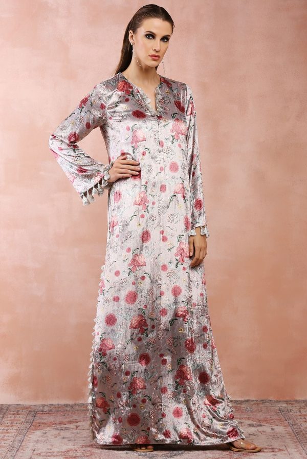 GREY GULBAGH PRINT VELVET KAFTAN WITH BELT Online Hot Sale