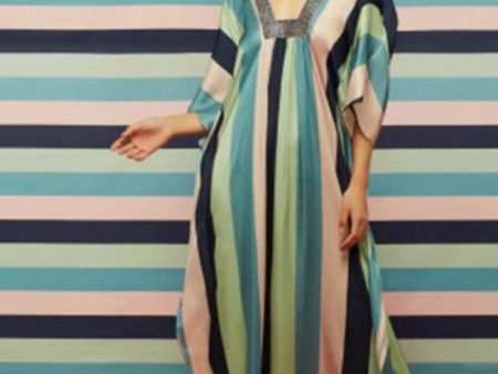 KAFTAN- BOLD STRIPED KAFTAN WITH GALEECHA TEXTURED NECKLINE Online Hot Sale