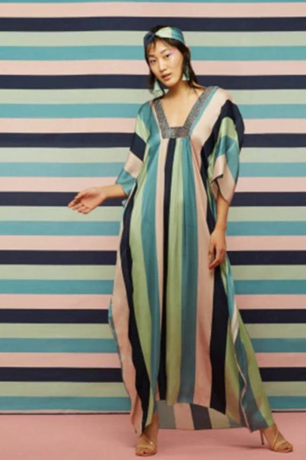 KAFTAN- BOLD STRIPED KAFTAN WITH GALEECHA TEXTURED NECKLINE Online Hot Sale