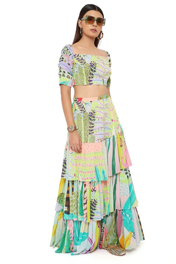 AGNES TROPICAL PRINT GEORGETTE EMBROIDERED TOP WITH LAYERED FRONT SLIT SKIRT Hot on Sale