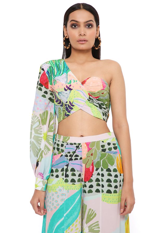 TROPICAL PRINT CREPE ONE SHOULDER TOP WITH PALAZZO Online Sale