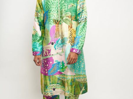 ALAN KUNO PRINT DUPION SILK BOMBER KURTA WITH JOGGER PANTS on Sale