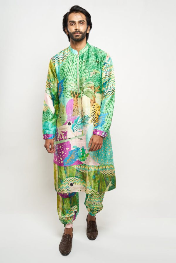 ALAN KUNO PRINT DUPION SILK BOMBER KURTA WITH JOGGER PANTS on Sale