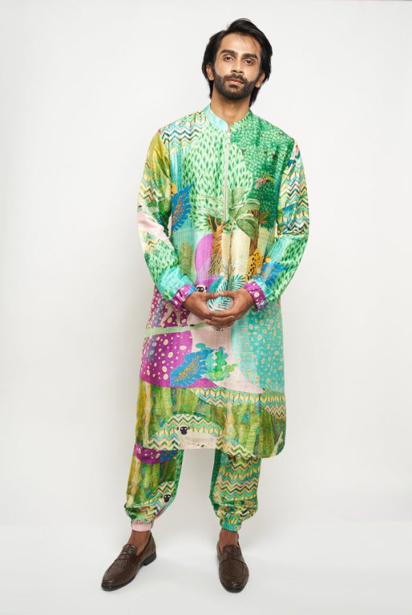 ALAN KUNO PRINT DUPION SILK BOMBER KURTA WITH JOGGER PANTS on Sale