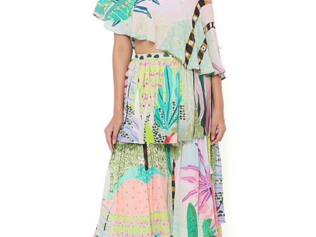 TROPICAL PRINT GEORGETTE EMBRODIERED ONE SHOULDER CAPE WITH A BUSTIER AND FRILL SHARARA Discount