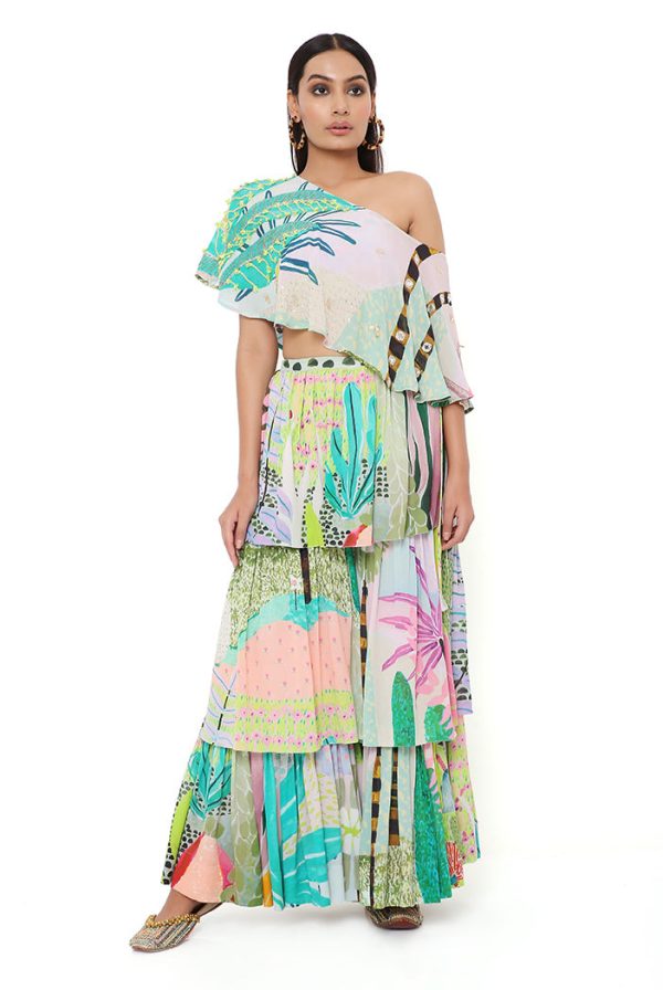 TROPICAL PRINT GEORGETTE EMBRODIERED ONE SHOULDER CAPE WITH A BUSTIER AND FRILL SHARARA Discount