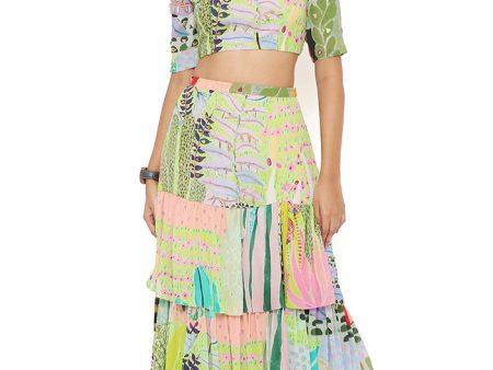 AGNES TROPICAL PRINT GEORGETTE EMBROIDERED TOP WITH LAYERED FRONT SLIT SKIRT Hot on Sale