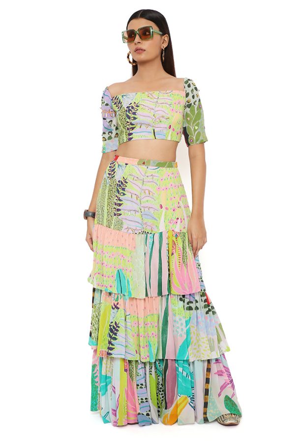 AGNES TROPICAL PRINT GEORGETTE EMBROIDERED TOP WITH LAYERED FRONT SLIT SKIRT Hot on Sale