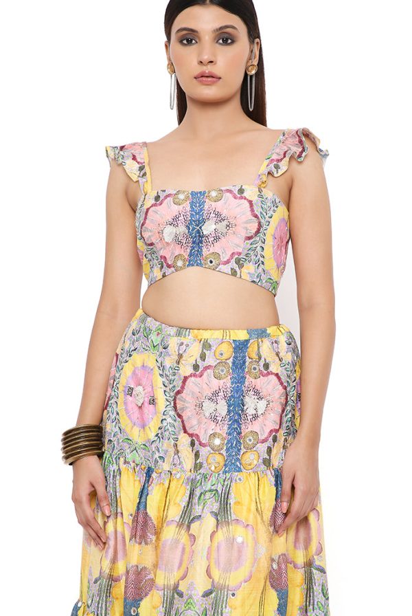 ALICE YELLOW ENCHANTED PRINT DUPION SILK EMBROIDERED BUSTIER AND SKIRT Discount