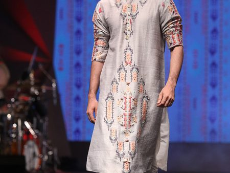 AMIR GREY PRINTED DUPION SILK KURTA WITH OFF-WHITE COTTON SILK CHURIDAR Online