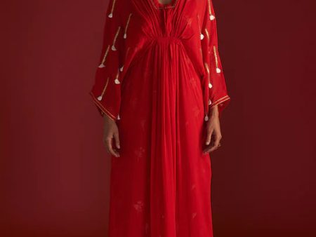 Red Gota Embroidered Kaftan With Slip Cheap