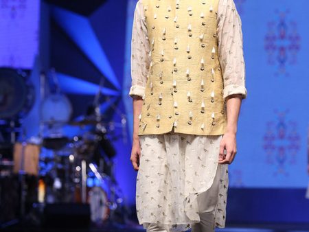 ASLAN CREAM ORGANZA KURTA WITH PALE YELLOW DUPION SILK BANDI AND OFF-WHITE COTTON SILK CHURIDAR Fashion