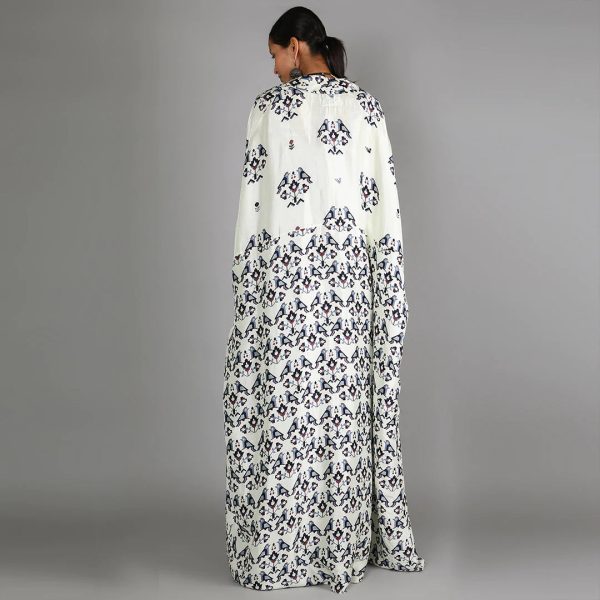 WHITE JAALI PRINT BUSTIER AND DRAPE SKIRT PAIRED WITH WHITE HALF BIRD PRINT AND HALF GEOMETRIC DAMASK PRINT CAPE on Sale