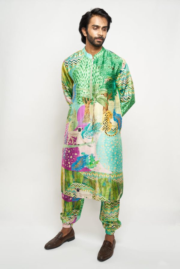 ALAN KUNO PRINT DUPION SILK BOMBER KURTA WITH JOGGER PANTS on Sale