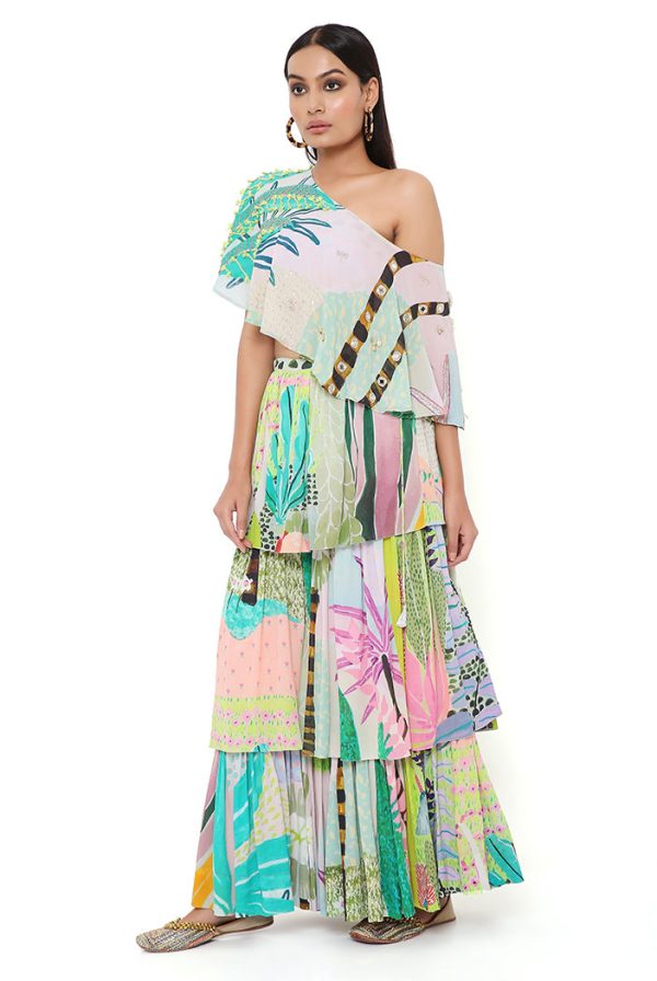 TROPICAL PRINT GEORGETTE EMBRODIERED ONE SHOULDER CAPE WITH A BUSTIER AND FRILL SHARARA Discount