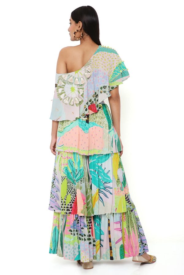 TROPICAL PRINT GEORGETTE EMBRODIERED ONE SHOULDER CAPE WITH A BUSTIER AND FRILL SHARARA Discount