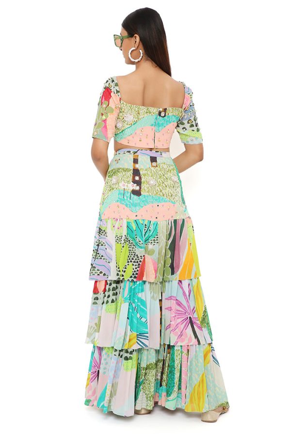 AGNES TROPICAL PRINT GEORGETTE EMBROIDERED TOP WITH LAYERED FRONT SLIT SKIRT Hot on Sale