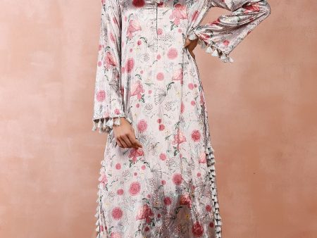 GREY GULBAGH PRINT VELVET KAFTAN WITH BELT Online Hot Sale