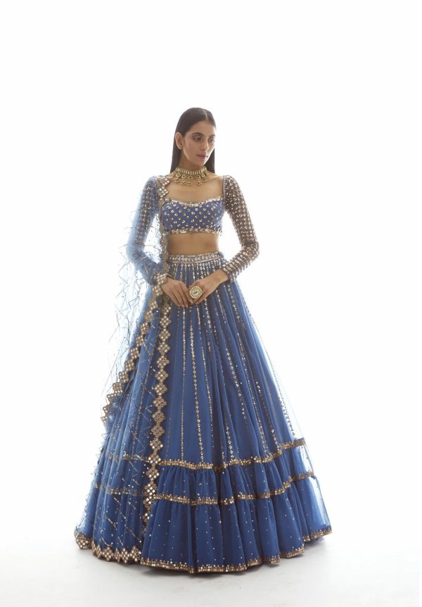 Blue Linear Drop Lehenga Set - Ready To Ship Online Sale