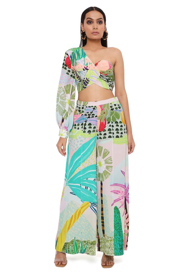 TROPICAL PRINT CREPE ONE SHOULDER TOP WITH PALAZZO Online Sale