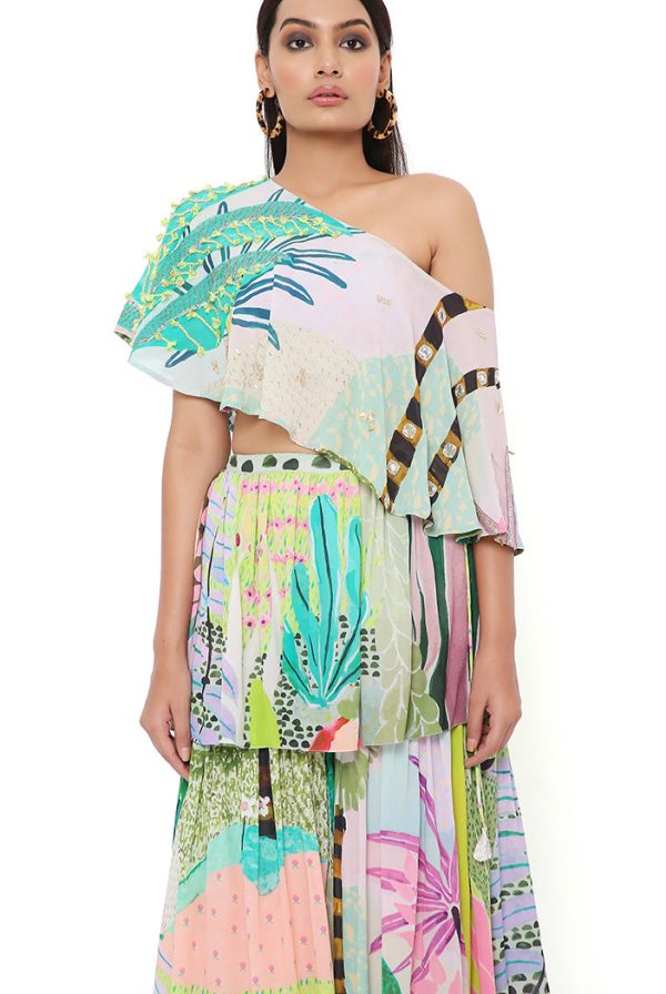 TROPICAL PRINT GEORGETTE EMBRODIERED ONE SHOULDER CAPE WITH A BUSTIER AND FRILL SHARARA Discount