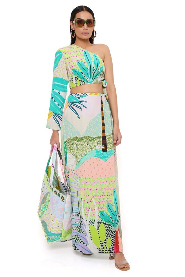 TROPICAL PRINT CREPE ONE SHOULDER TOP AND SKIRT Online