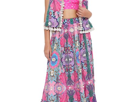 AMALIE PINK BANDHANI SILK EMBROIDERED BUSTIER WITH PRINTED CREPE EMBROIDERED JACKET AND SKIRT Supply