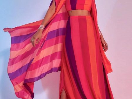 SUNSET STRIPES PRINTED DRAPE SKIRT, BUSTIER AND CAPE SET Hot on Sale