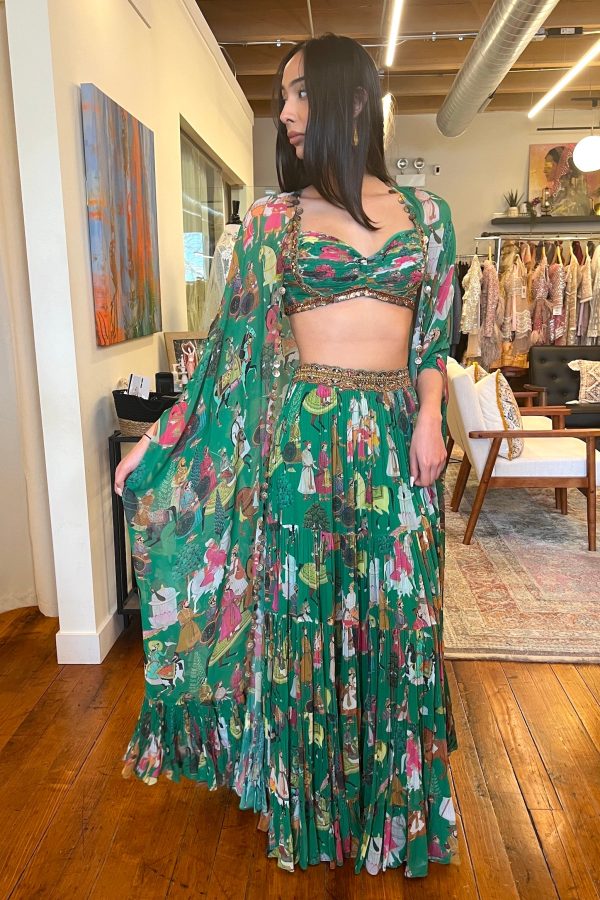 Green Printed Cape Skirt Set - Ready To Ship Online