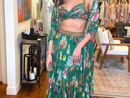 Green Printed Cape Skirt Set - Ready To Ship Online