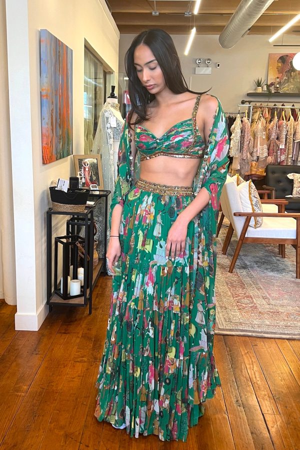 Green Printed Cape Skirt Set - Ready To Ship Online