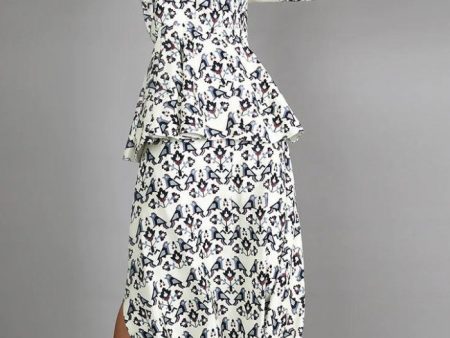 WHITE GEOMETRIC DAMASK PRINT PEPLUM PAIRED WITH PRINTED SKIRT Hot on Sale