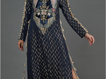 NAVY DASH IKAT BANARASI GEORGETTE EMBROIDERED YOKE KAFTAN WITH ORGANZA DETAILED SLEEVES Sale