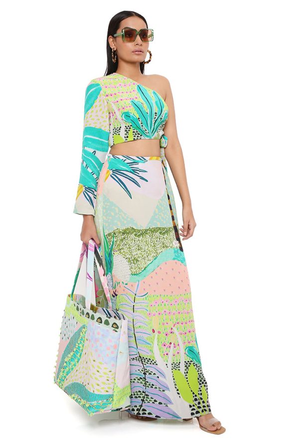 TROPICAL PRINT CREPE ONE SHOULDER TOP AND SKIRT Online