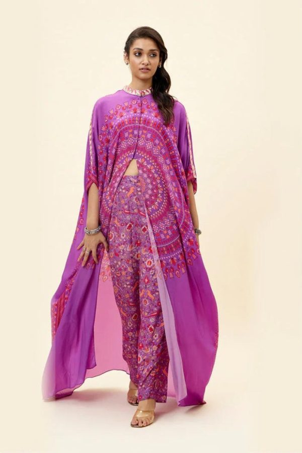 PURPLE RAVI BUTTA PRINT KAFTAN WITHPURPLE SAANJH PRINT PANTS For Cheap